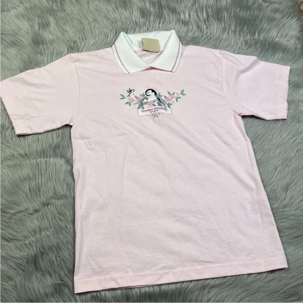 Vintage Top Stitch Morning Sun Pink Collared T Shirt Grandmas Babysitting